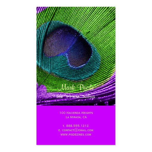 Peacock feather business cards, magenta (back side)