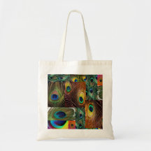 peacock feather collage tote bag