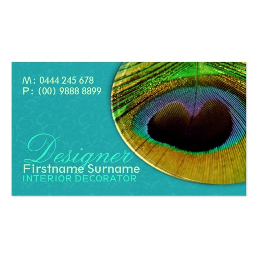 Peacock Feather Damask Aqua Designer Business Card Templates (front side)