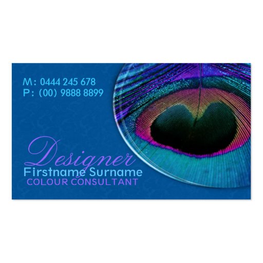 Peacock Feather Damask Blue Business Card (front side)