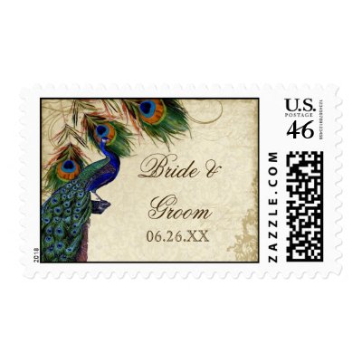Peacock & Feather Formal Wedding Postage Aqua Blue