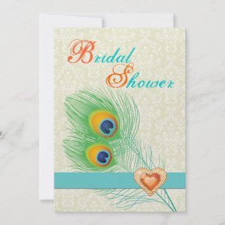 Peacock feather jewel heart wedding bridal shower invitation