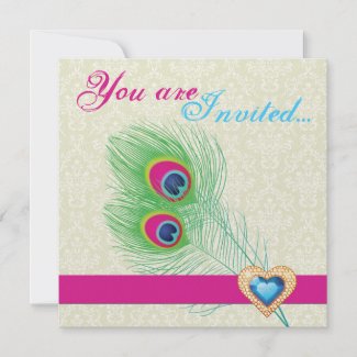 Peacock feather jewel heart wedding invitation zazzle_invitation