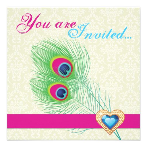 Peacock feather jewel heart wedding invitation