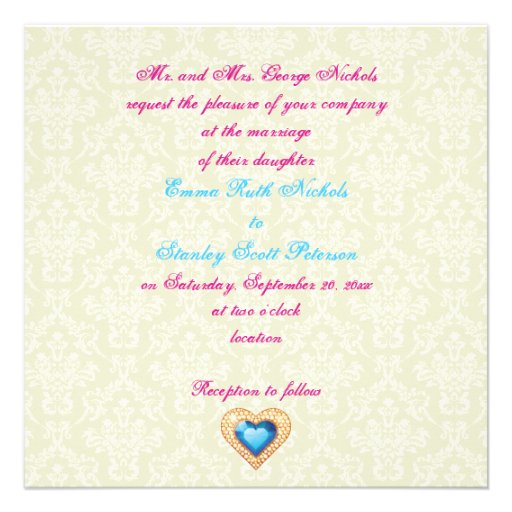 Peacock feather jewel heart wedding invitation