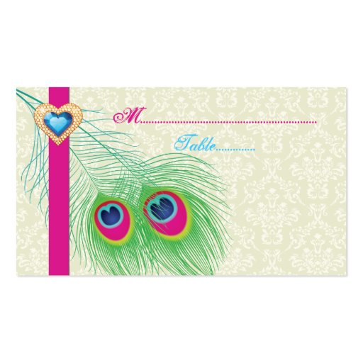 Peacock feather jewel heart wedding place card business card template (back side)