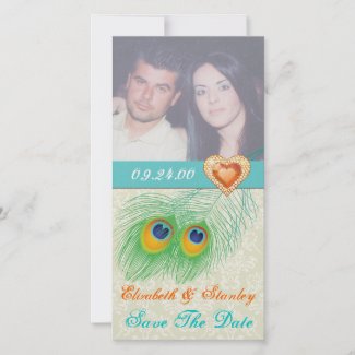 Peacock feather jewel heart wedding Save the Date photocard
