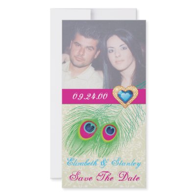Peacock feather jewel heart wedding Save the Date Photo Cards