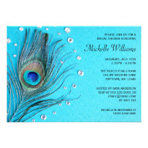 Peacock Feather Jewels Aqua Bridal Shower Announcements