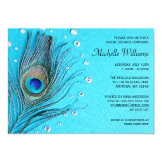Peacock Feather Jewels Aqua Bridal Shower 4.5x6.25 Paper Invitation Card