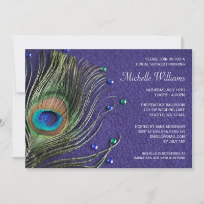 Peacock Feather Jewels Purple Bridal Shower Custom Announcements