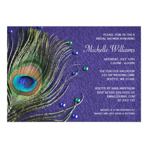 Peacock Feather Jewels Purple Bridal Shower Custom Announcements