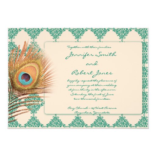 Peacock Feather on Teal Moroccan Tile Invitation