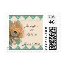 Peacock Feather on Teal Moroccan Tile Postage