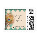 Peacock Feather on Teal Moroccan Tile Postage postage