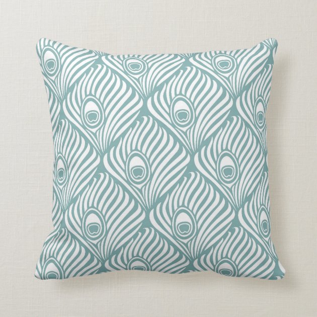 Peacock Feather Pattern in Sea Glass and White Throw Pillows-0