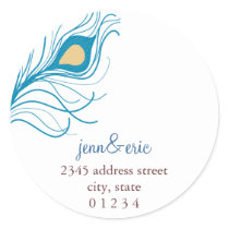 Peacock Feather Return Address Wedding labels Round Sticker