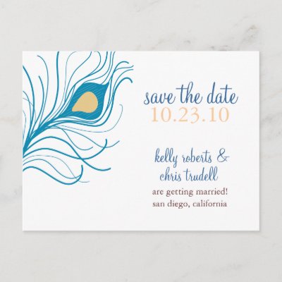 Peacock Feather Save The Date postcard yellow