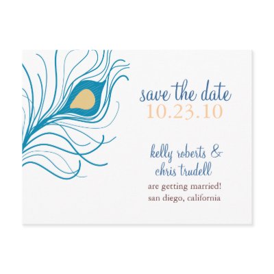 Peacock Feather Save The Date postcard yellow