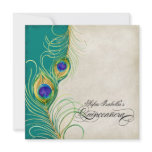Peacock Feather Teal Blue Damask Quinceanera Party Announcements