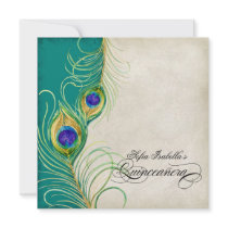 Peacock Feather Teal Blue Damask Quinceanera Party Announcements