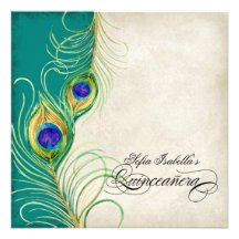 Peacock Feather Teal Blue Damask Quinceanera Party Announcements