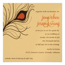 Peacock Feather Wedding Invitation Navy Blue Coral