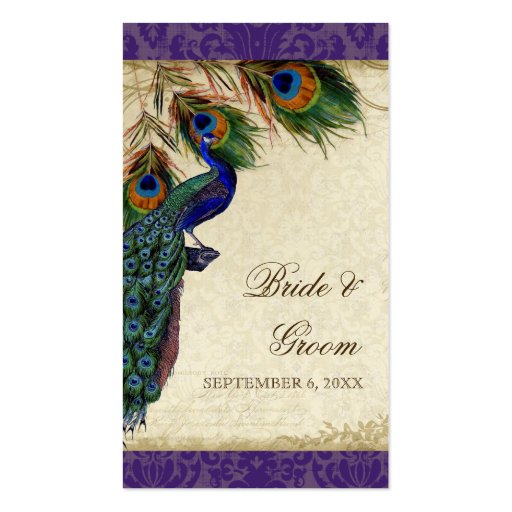 Peacock & Feather Wedding Table Seating Escort Business Cards (front side)