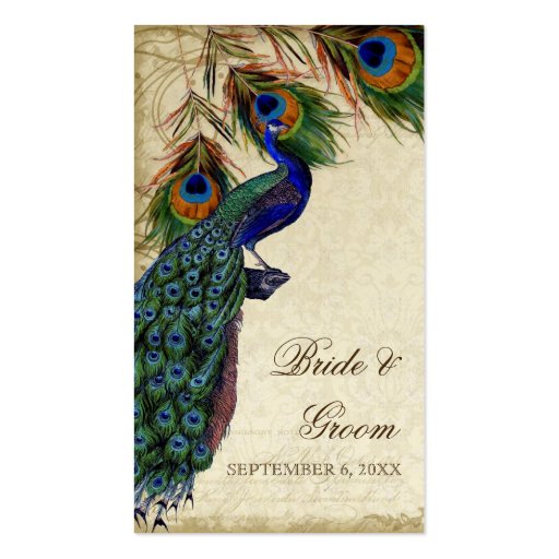 Peacock & Feather Wedding Table Seating Escort Business Card Templates (front side)