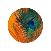 Peacock feather with Orange Glitter Still Life Round Wall Clocks