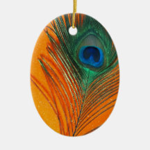 Peacock feather with Orange Glitter Still Life Christmas Ornaments