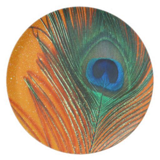 Peacock feather with Orange Glitter Still Life Party Plate