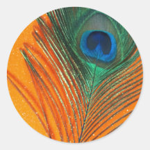 Peacock feather with Orange Glitter Still Life Stickers