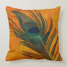 Peacock Feather with Orange Throw Pillows