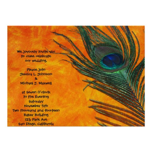 Peacock Feather with Orange Wedding Custom Announcements