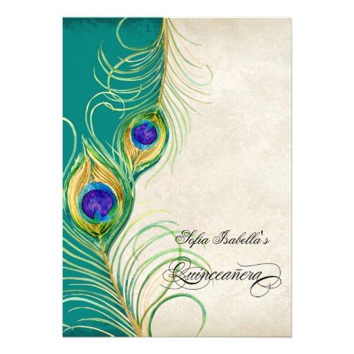 Peacock Feathers Aqua Damask Quinceanera Party Custom Invitation