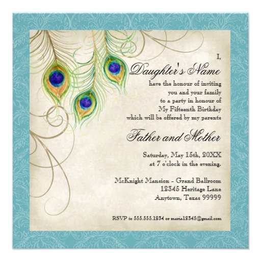 Peacock Feathers Black Damask Quinceanera Party Personalized Invitations