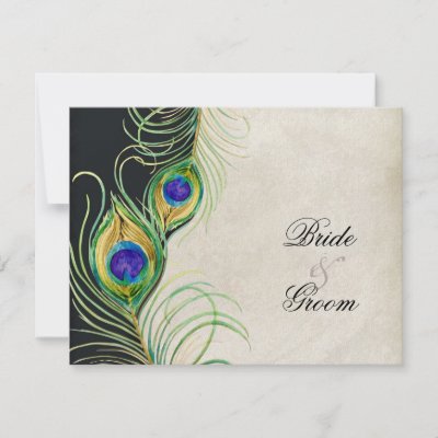 Peacock Feathers Black Damask RSVP Response Card Custom Announcement by 