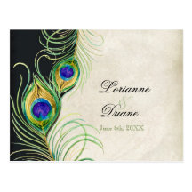 Peacock Feathers Black Damask RSVP Response Card Postcards