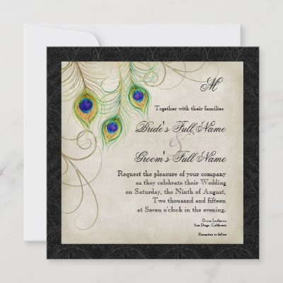 Peacock Feathers Black Damask Wedding Stationery Announcements by 