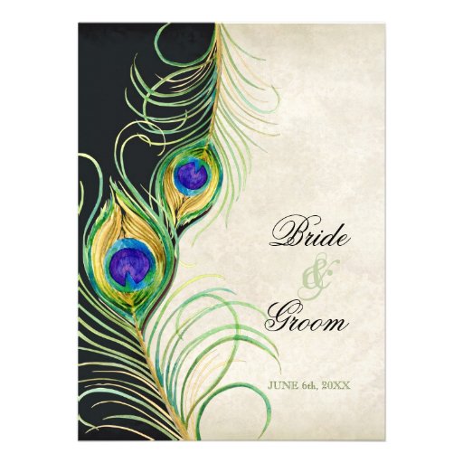 Peacock Feathers Black Damask Wedding Stationery Personalized Invitation