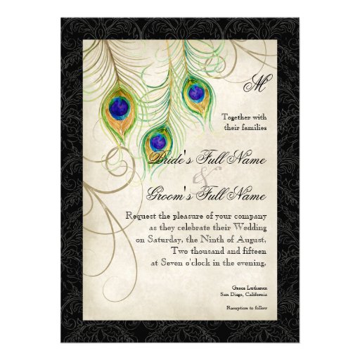 Peacock Feathers Black Damask Wedding Stationery Personalized Invitation
