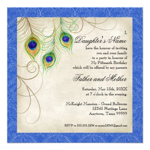 Peacock Feathers Blue Damask Quinceanera Party Custom Invites