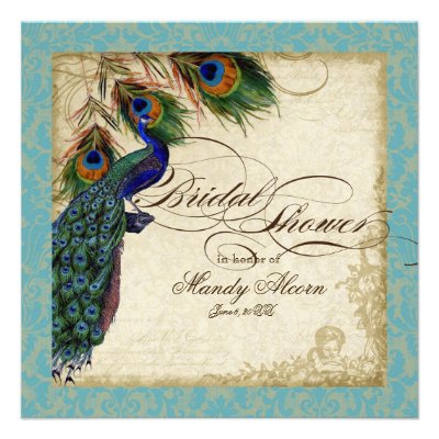 Peacock & Feathers Bridal Shower Invite Aqua Blue
