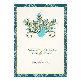 Peacock Feathers Damask Wedding Personalized Announcement