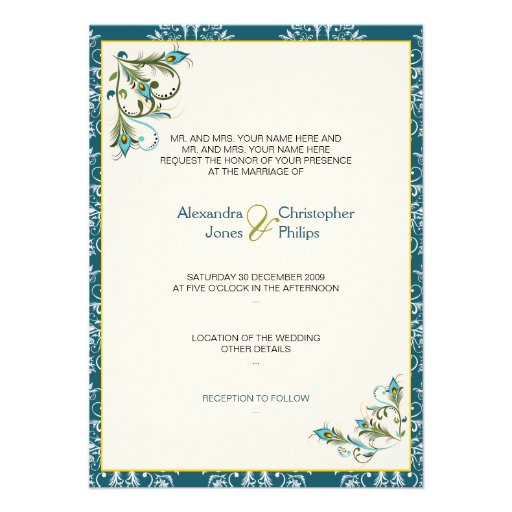 Peacock Feathers Damask Wedding Personalized Invitations