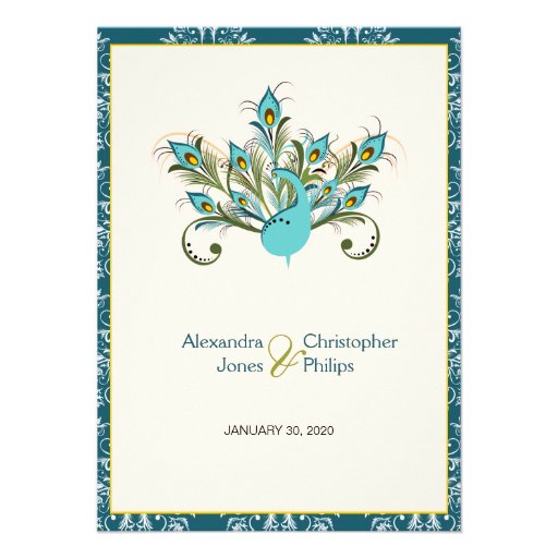 Peacock Feathers Damask Wedding Personalized Invitations
