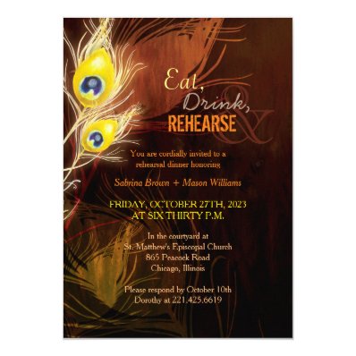 Peacock Feathers Fall Wedding Rehearsal Dinner 5x7 Paper Invitation Card