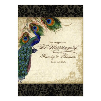 Peacock & Feathers Formal Wedding Invite Black