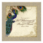 Peacock & Feathers Formal Wedding Invite Taupe Tan